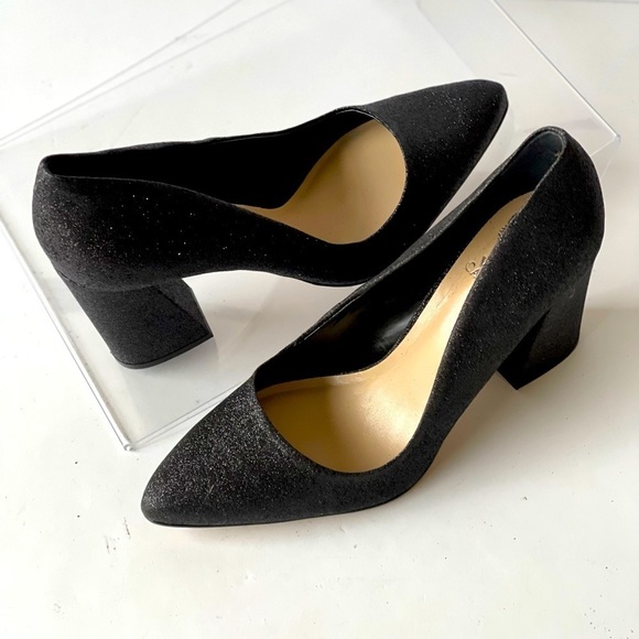 Vince Camuto Black Glitter Pumps Heels Block Heels Pointed Toe, Sz 8M - Picture 11 of 14